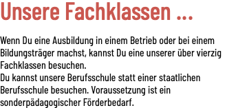 Unsere Fachklassen ... Wenn Du eine Ausbildung in einem Betrieb oder bei einem Bildungsträger machst, kannst Du eine unserer über vierzig Fachklassen besuchen. Du kannst unsere Berufsschule statt einer staatlichen Berufsschule besuchen. Voraussetzung ist ein sonderpädagogischer Förderbedarf.