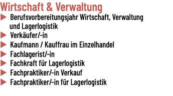 Wirtschaft & Verwaltung u Berufsvorbereitungsjahr Wirtschaft, Verwaltung und Lagerlogistik u Verkäufer/-in u Kaufmann / Kauffrau im Einzelhandel u Fachlagerist/-in u Fachkraft für Lagerlogistik u Fachpraktiker/-in Verkauf u Fachpraktiker/-in für Lagerlogistik 