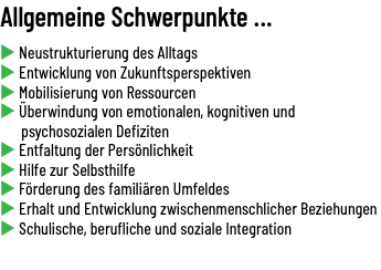 Allgemeine Schwerpunkte ... u Neustrukturierung des Alltags u Entwicklung von Zukunftsperspektiven u Mobilisierung von Ressourcen u Überwindung von emotionalen, kognitiven und psychosozialen Defiziten u Entfaltung der Persönlichkeit u Hilfe zur Selbsthilfe u Förderung des familiären Umfeldes u Erhalt und Entwicklung zwischenmenschlicher Beziehungen u Schulische, berufliche und soziale Integration 