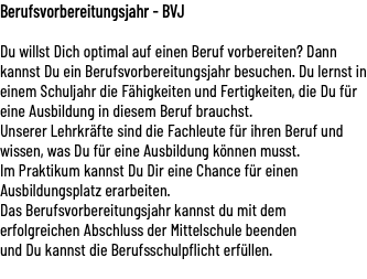 Berufsvorbereitungsjahr - BVJ  Du willst Dich optimal auf einen Beruf vorbereiten? Dann kannst Du ein Berufsvorbereitungsjahr besuchen. Du lernst in einem Schuljahr die Fähigkeiten und Fertigkeiten, die Du für eine Ausbildung in diesem Beruf brauchst. Unserer Lehrkräfte sind die Fachleute für ihren Beruf und wissen, was Du für eine Ausbildung können musst. Im Praktikum kannst Du Dir eine Chance für einen Ausbildungsplatz erarbeiten. Das Berufsvorbereitungsjahr kannst du mit dem erfolgreichen Abschluss der Mittelschule beenden und Du kannst die Berufsschulpflicht erfüllen. 
